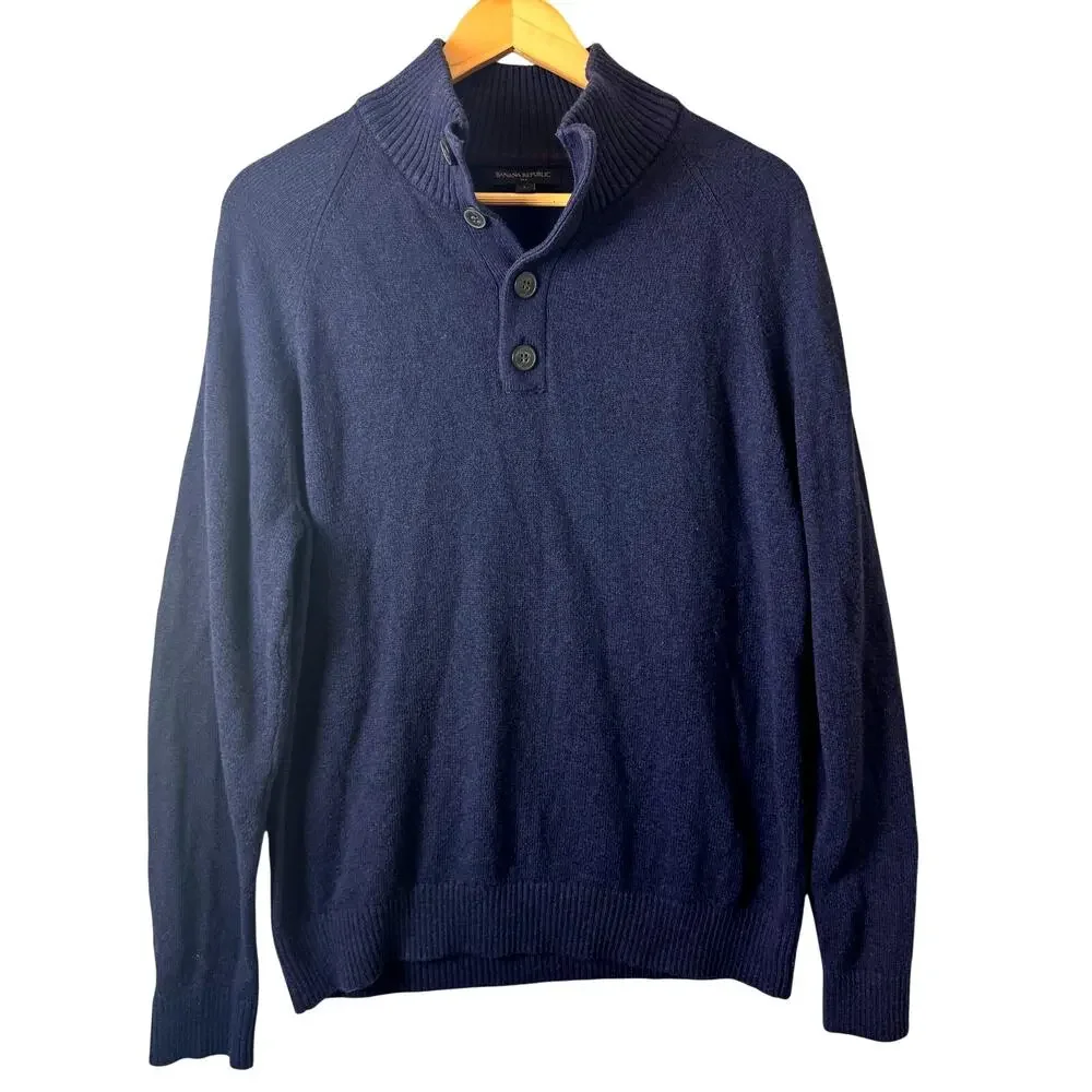 Banana Republic Mock Neck Sweater Mens Size Large Navy Blue Wool Cotton Blend